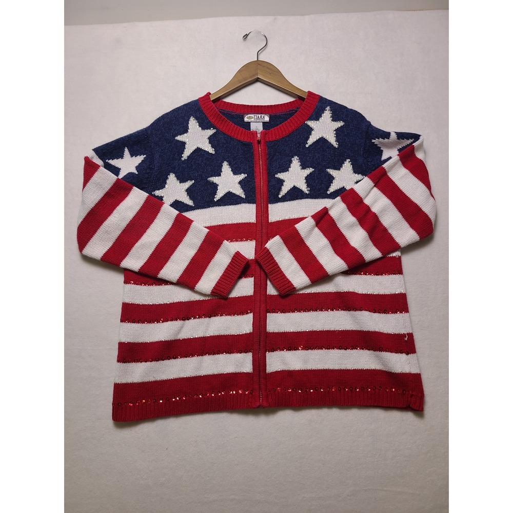 VTG Tiara International S Zip Cardigan Patriotic Americana Red White Blue Sequin